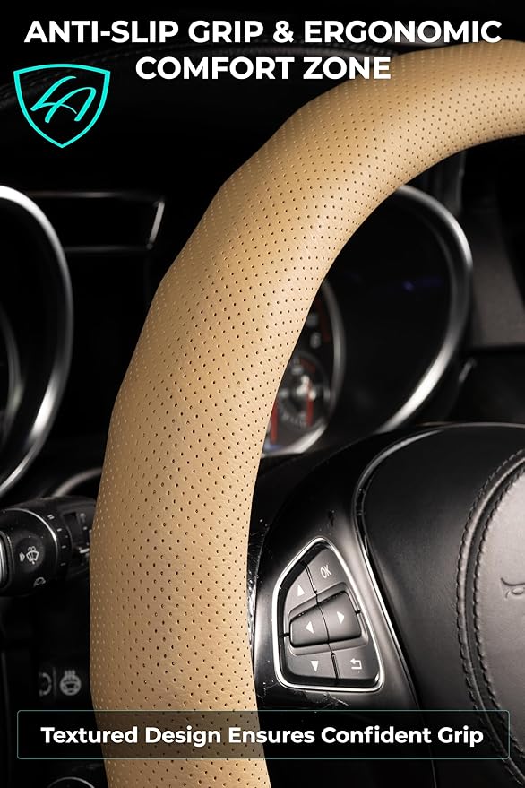Lord Autofashion Steering Wheel Cover – PU Leather, Non-Slip Rubber Inner, All-Season Comfort – 14.5–15 Inch (Beige 8571)