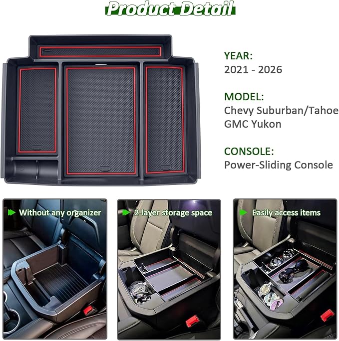 TOPINSTALL 21-26 Red Power-Sliding Console Tray Compatible with 2021-2026 Chevy Tahoe/Suburban/GMC Yukon Accessories, Full-Size Armrest Organizer (Not for Standard Console with Charging Socket!)