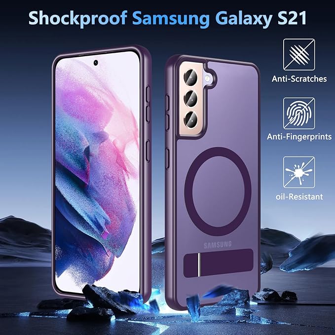 OWKEY for Samsung Galaxy S21 Case with Stand, Magnetic Shockproof Case Fit for Magsafe Translucent Matte Cover for Samsung S21, Purple