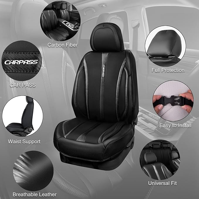 CAR PASS Carbon Fiber Nappa Leather Car Seat Covers Front Only Cushioned Leatherette 2 Piece Padded Waterproof Universal Fit for Cars SUV Truck Pickup Automotive Vehicle Interior, 2PCS Black