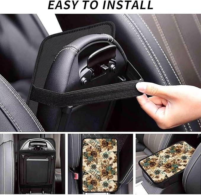 Armrest Cover Vintage Sunflower Center Console Pad Boho Geometry Car Accessories for Truck Van Sedans Scratch Resistant Armrest Cushion Pad