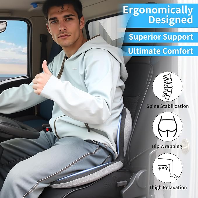 Memory Foam Truck Seat Cushion & Lumbar Support Set – Ergonomic U-Shape Tailbone Relief + L-Shape Back Cushion for Long-Haul Semi/Pickup Drivers Breathathable Cover Non-Slip Bottom Dark Gray