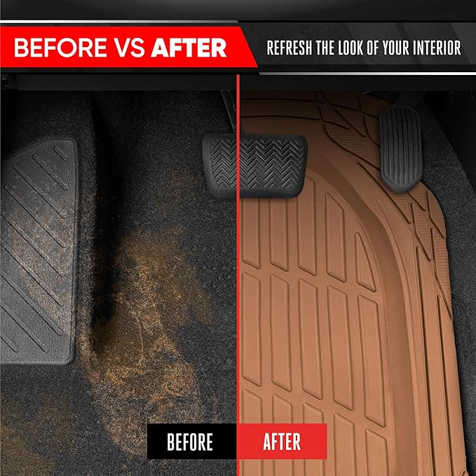 Motor Trend FlexTough 4-Piece Heavy Duty Floor Mats for Cars Trucks SUVs, Automotive Floor Mats Car Mats Full Set Front, Rear & Cargo, Trim-To-Fit Semi-Custom Deep Dish All Weather Rubber Mats - Beige