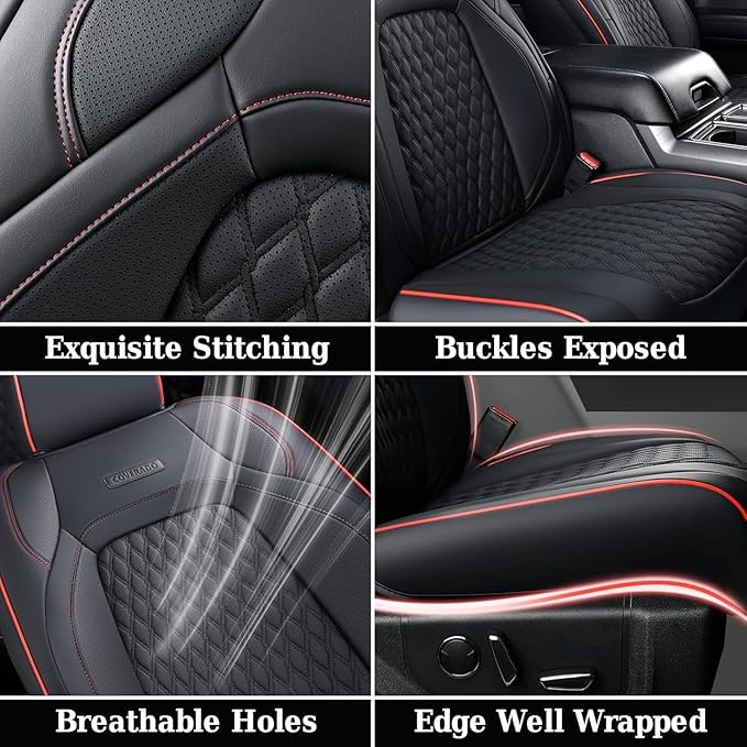 Coverado Wrangler JK Seat Covers, Custom Fit for Pickup Truck Jeep Wrangler Seat Covers 2/4 Door, Waterproof Leather Car Seat Covers Cushions for Jeep Wrangler Accessories 2008-2012(Red Line)