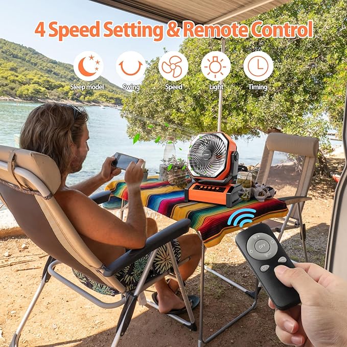 AddAcc 20000mAh Rechargeable Camping Fan - Battery Operated Fan with Light & Remote, Auto Oscillating, 4 Timer, 60 Hrs Work Cordless Tent Fan for Travel Outdoor RV Garage Power Outage Emergency