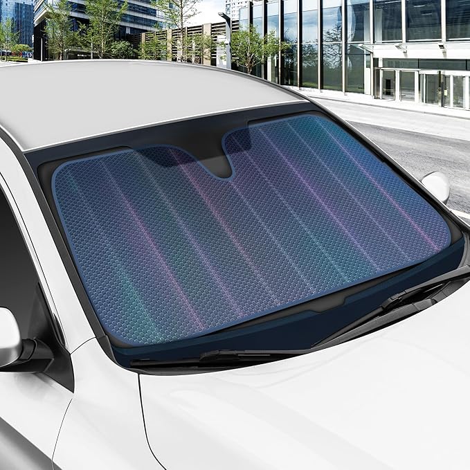 BDK Iridescent Matte Black Front Windshield Sunshade Accordion Folding Style Auto Shade for Car Truck SUV Van Blocks UV Rays Sun Visor Protector Easy Setup Keeps Your Vehicle Cool - 58 x 27 inches