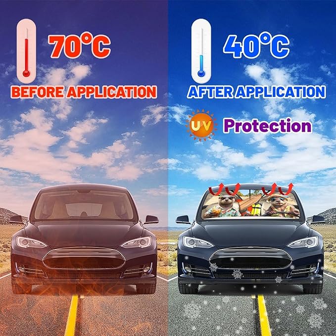 CHILL·TEK Funny Animal Car Windshield Sun Shade Umbrella, Funny Otters Car Sun Shade Umbrella, Block UV Rays Heat Foldable Windshield Umbrella Sun Visor Protector - Keep Vehicle Cool for Cars SUV
