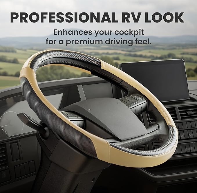 18-Inch RV Steering Wheel Cover for Class A Motorhome – Premium Leather Grip, Anti-Slip & Breathable Design, Comfort Motorhome Accessories for Long Trips, Universal RV Accessories Upgrade - Tan
