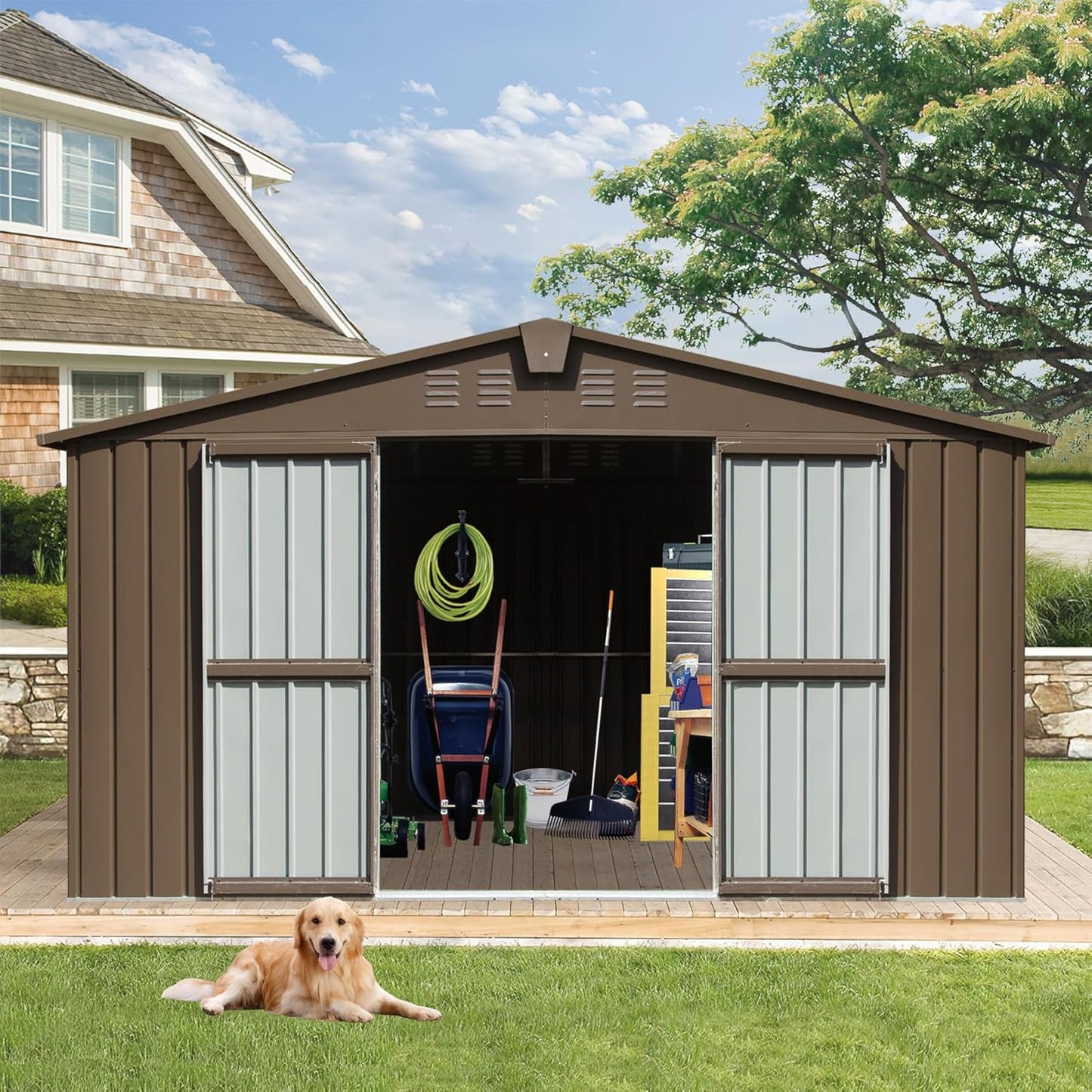 IKERY Large Galvanized Steel Storage Shed - 11' x 9' with Windows and Lockable Door, Outdoor Garden and Utility Tool Shed for Backyard and Patio, Brown