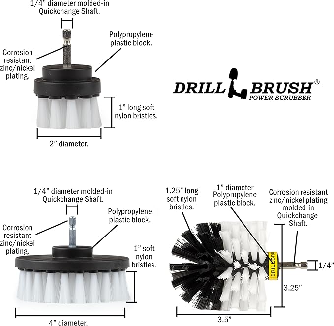 Drillbrush Car Detailing Kit | Drill Brush Set – Soft Bristle Power Scrubber Attachments for Cleaning Car Interior, Upholstery, Carpet, Seats, Wheels, Rims, Dash, Console, and Trim - Nylon Scrub Brush