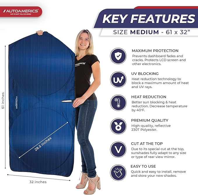 Autoamerics 1-Piece Windshield Sun Shade - Metallic Blue Foldable Car Front Window Sunshade for Most Cars SUV Truck Heat Blocker Visor Protector Blocks Max UV Rays and Keeps Your Vehicle Cool - Medium