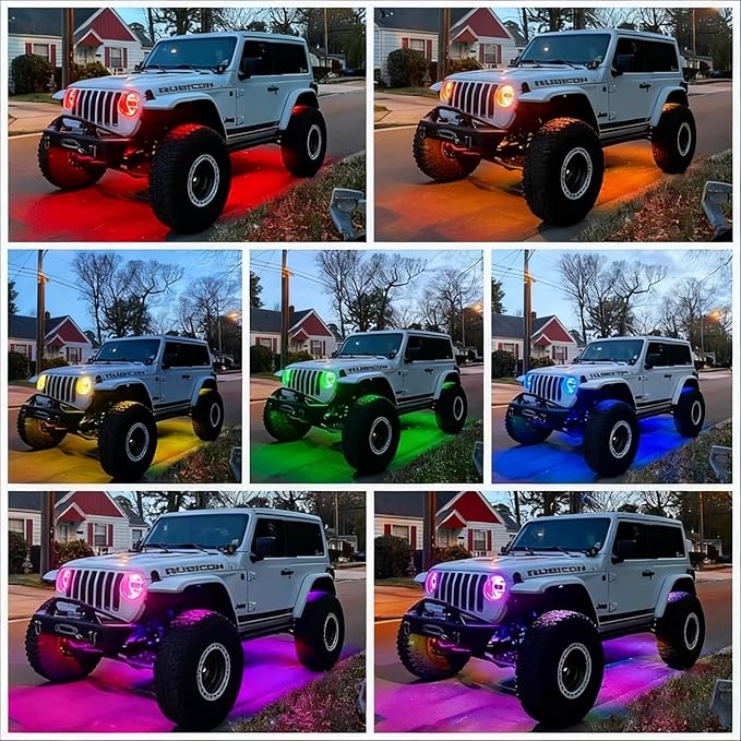 RGB LED Rock Lights Kit, 4 pods Multicolor Neon Light with Bluetooth App/Remote Control Flashing Music Mode, Aluminum Metal, IP68 Waterproof, 12v for Truck ATV UTV SUV