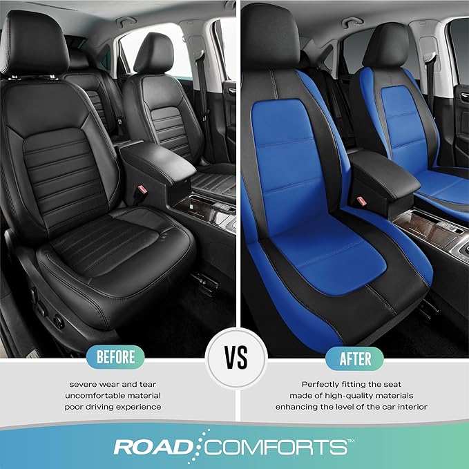Road Comforts Car Seat Cover, Leather Car Seat Covers, Front Low Back Sport Seat Covers, Airbag Compatible, Universal Fits for Most Cars (Blue)