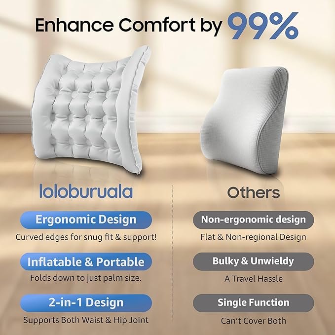 Lumbar Support Pillow, Inflatable Seat Cushion, Lightweight Car Back Cushion, Portable Chair Seat & Back Cushions for Office, Flight, Workplace, Gray Stadium Cushions with TPU