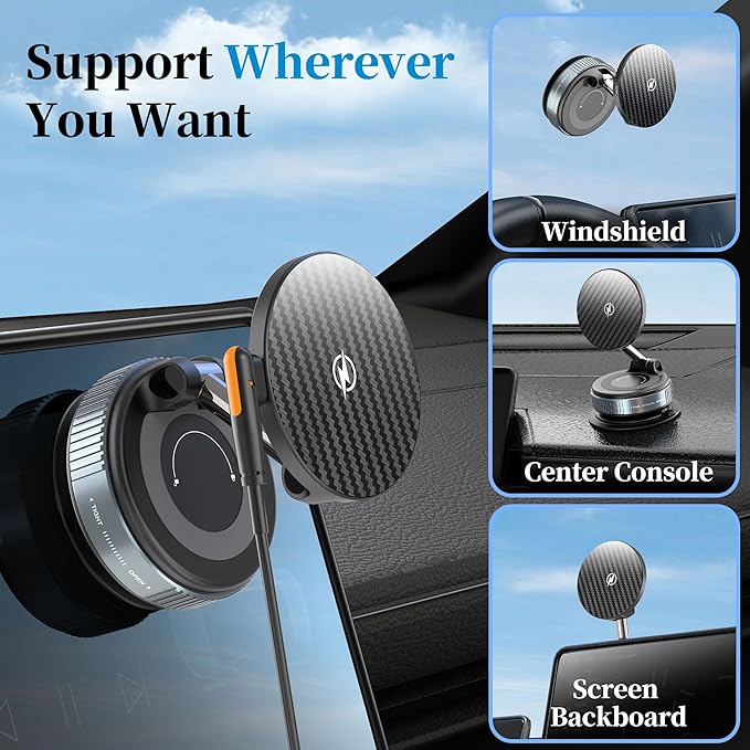 PlusAcc Vacuum Magnetic Phone Holder for Car, Suction Cup Phone Mount for MagSafe, 360°Rotatable Strong Magnet Stand for iPhone 16/15/14/13 in Smooth Surface (Charging)