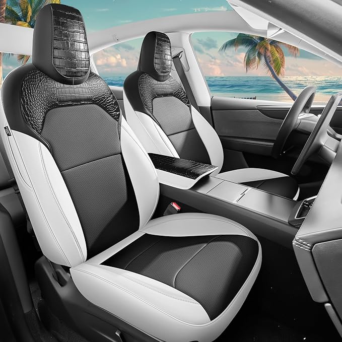 for Tesla Model Y 2025 2026 Seat Cover Full Set Black and White Nappa Leather Seat Cover (Crocodile Black+White 25-26)