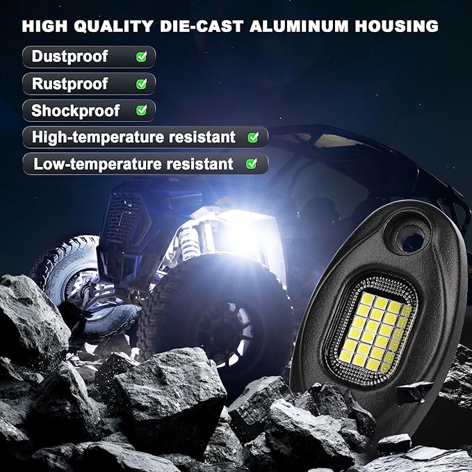 Rock Lights for Trucks-24Chip High Power 6000k Pure White, 15FT Cable Each Light, Aluminum Case, Waterproof IP68 Underglow Lights for Cars Jeep UTV ATV(16 PCS)