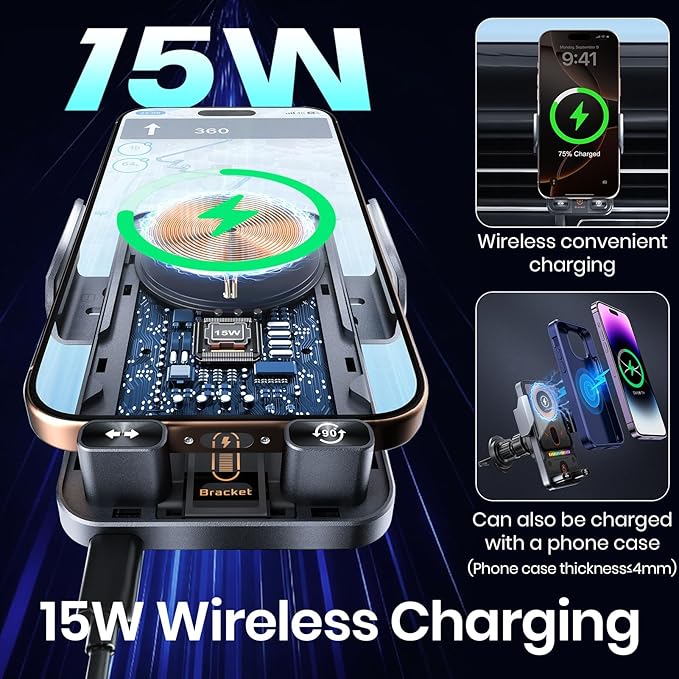 Car Phone Holder with 15W Wireless Car Charger, Car Vent Mount with Induction Opening and Closing, Air Vent Phone Stand with Horizontal and Vertical Screen Rotation Adjustment for iPhone - Blcak
