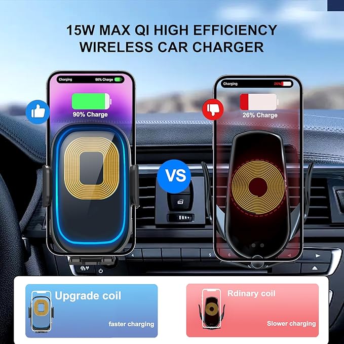 Wireless Car Charger, 3-in-1 Car Phone Holder Car Charger Phones Mount Windshield Dashboard Air Vent Fast Charging Cell Phone Holder with LED Light for iPhone Air Pro Max,Samsung S24/S23