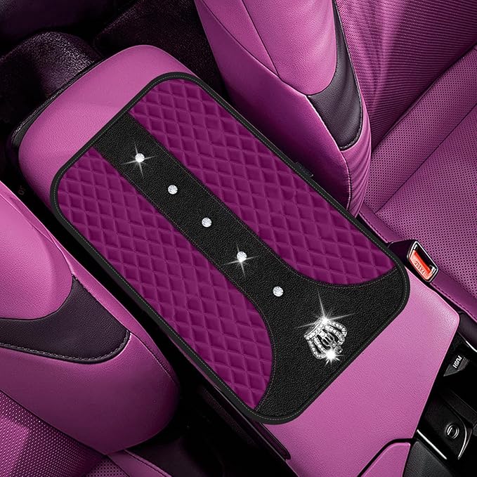 Purple Bling Car Console Cover Hot Purple Arm Rest Center Console Cushion Pad, Universal Anti-Slip Leather Armrest Box Decor Protector Crystal Sparkling Rhinestone Car Accessories(Purple)