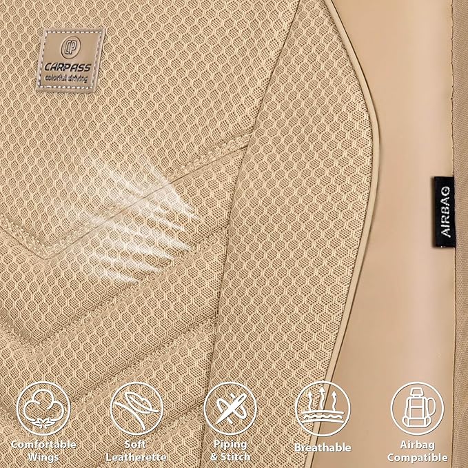 CAR PASS 3D Foam Mesh Leather Car Seat Covers Front Seats, Tan Breathable Front Seat Cover for Cars, Comfortable Universal Fit for SUV Truck Sedan Automotive Anti-Slip Airbag Compatible, All Beige