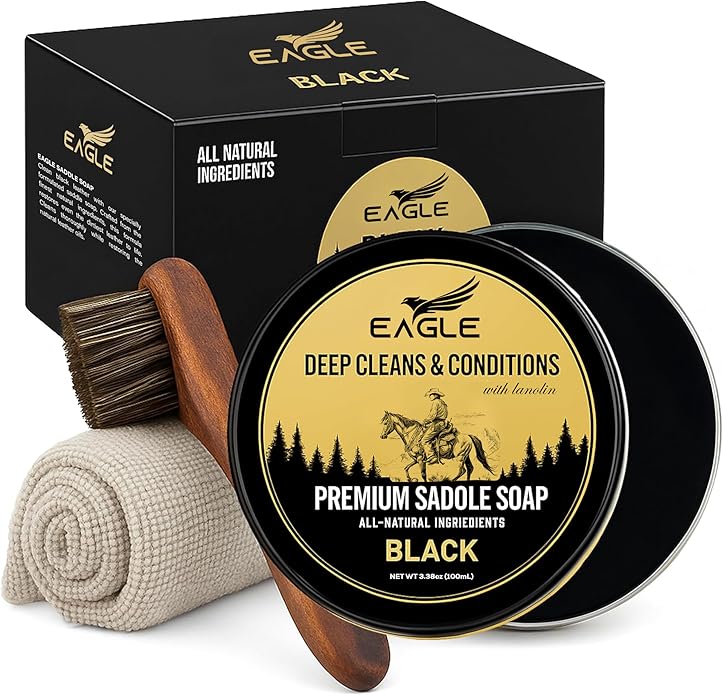 Black Saddle Soap for Leather – 3-Piece Saddle Soap Kit for Leather Cleaning, Boots, Tack, and Saddles – Includes Applicator and Cloth – Leather Soap and Conditioner for Leather Boots and Tack Care