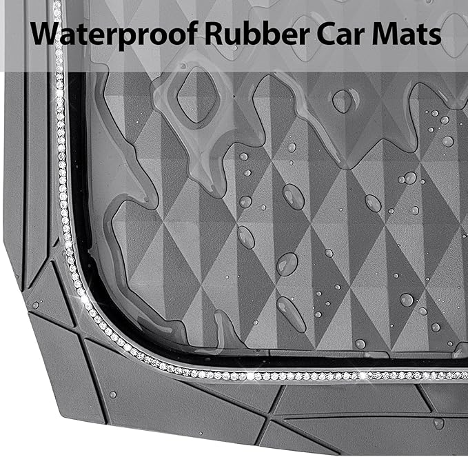 CAR PASS Bling Diamond Rubber Car Mats, Heavy Duty Deep Dish All-Weather Floor Mat Full Set Anti-Slip 3D Rhombus Waterproof Trim Fit Liner Universal Glitter Sparkly Shining Rhinestone, Gray Rubber