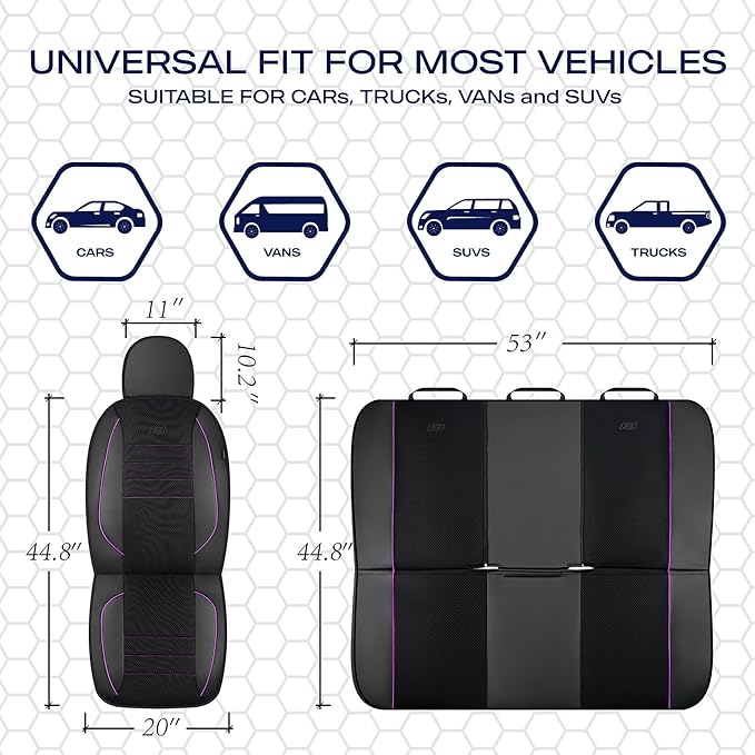 Skechers Air-Cooled Memory Foam Seat Covers,Mesh Thick Car Seat Covers,Piping Leather Car Seat Cover,Airbag Compatible,Automotive Comfort for Most Cars, Vans, Trucks, SUV(Purple, Full Set)