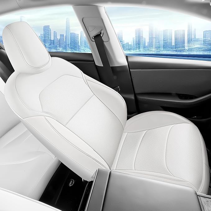Customized Seat Cover for Tesla Model 3 2024 2025 Highland Long Range (Not for Performance) Nappa Leather Car Interior Airbag Compatible Cushion Cover Full Set (T3-White-24-25)