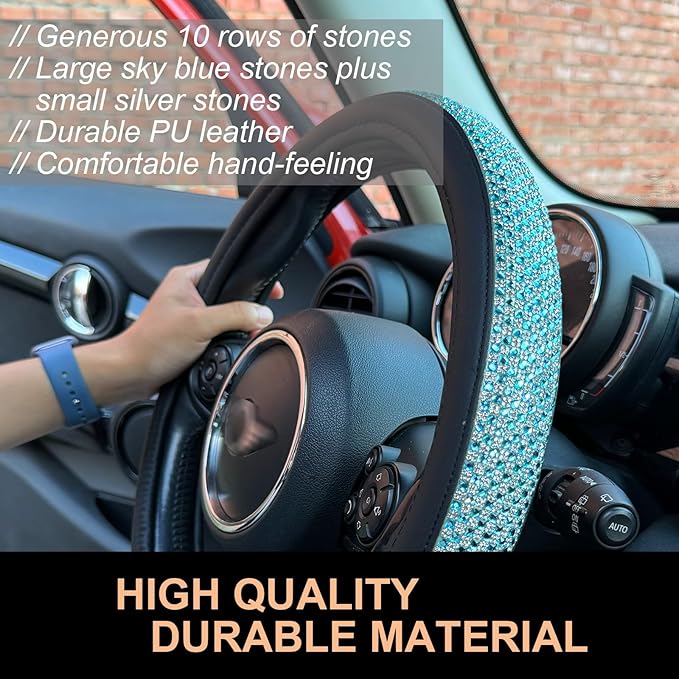 PINCTROT Large Size Bling Comfy Steering Wheel Cover with Jumbo Crystal Rhinestones, Anti-Slip Diamond Leather, 15.5-15.75 Inch (Sky Blue)