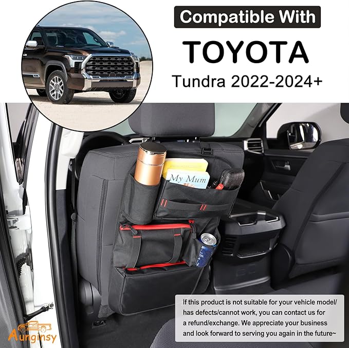 Aunginsy Back Seat Car Organizer Compatible with Toyota Tundra 2022-2025 Multifunctional Backseat Storage Bag Pocket Stabilizing Side Straps Soft Adjustable Shoulder Strap/Hardened Buckles Accessories