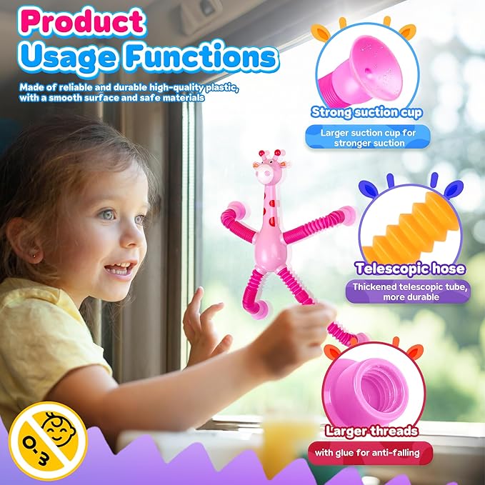 Giraffe Sensory Travel Toys 4Pcs for Roadtrip Car Ride Airplane Toddler Girl Year Old Ages 2 3 4 5 6 7 8, Suction Autism Pop Tube Fidget Toy Autistic Valentines Day Stocking Easter Basket Stuffer Gift