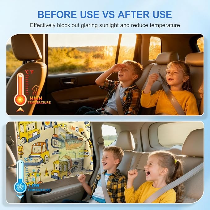 Car Window Shades with 8 Magnets-26.8"x19.7" Car Rear/Side Window Sunshade for Baby Semi-Transparent 2-in-1 Universal Auto Sun Shade for Kid & Pet Protection (2 Pack) Construction Vehicle Cartoon