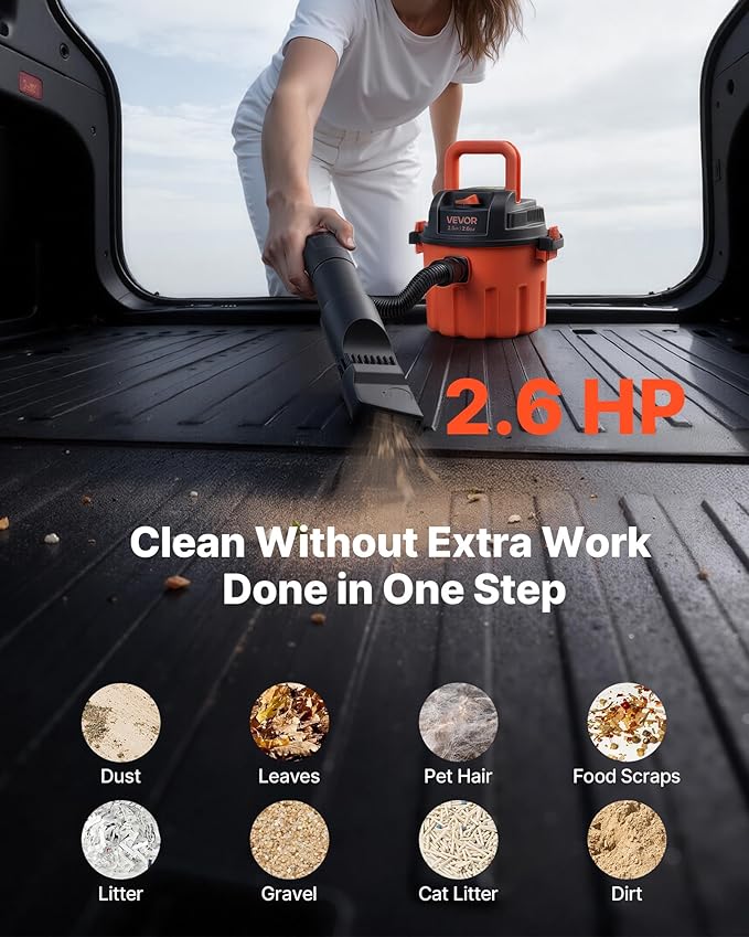 VEVOR Dry Vacuum Cleaner, 2.6 Gallon 2.5 Peak HP Portable Shop Vac with 800W Input Power, Various Nozzles, 1.25in Diameter x 4ft Hose, 9.2ft Cord for Home, Garage, Jobsite, Workshop, Black Orange