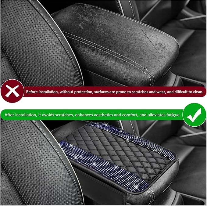 Sun Walker Bling Car Center Console Cover, Anti-Scratch Car Armrest Seat Box Cushion Pad with 2 Storage Bags, Leather Middle Console Protector Crystal Interior Accessories for Most Cars (Blue)
