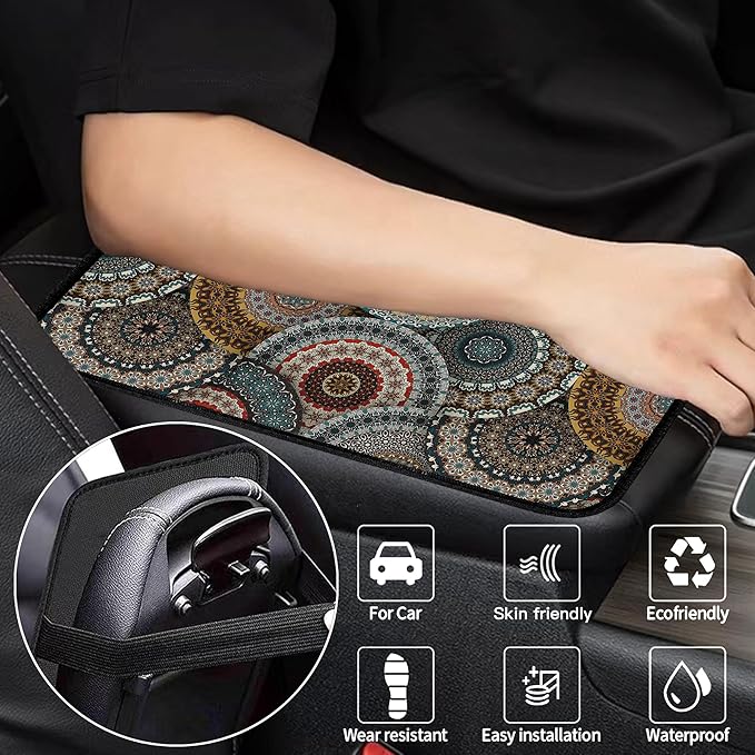 Bohemian Universal Armrest Cover Pad, Car Center Console Cushion Pad, Protect from Pet Claws, Dirt, and Sticky Fingers, Comfortable Car Decor Accessories Fit for Most Cars, Vehicles, SUVs