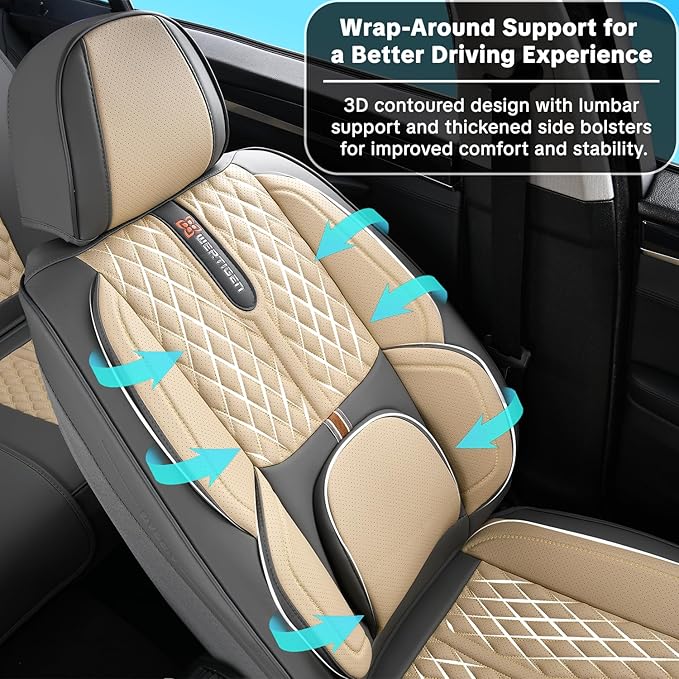 Khaki Car Seat Cover Complete Set, Universal Car Seat Cover for Car with Lumbar Support, Premium Artificial Leather, Waterproof and Easy to Clean, Airbag Compatible, Seat Heating Compatible