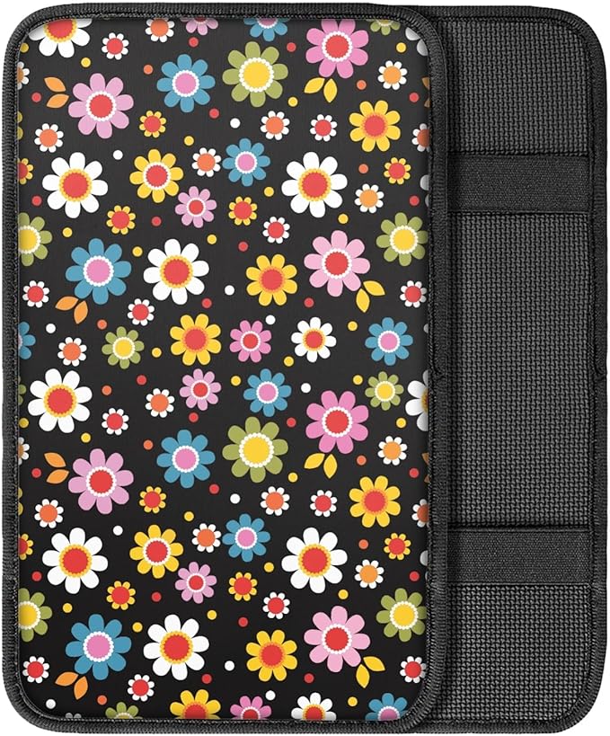 UNICEU Car Center Console Armrest Cushion Pad- Colorful Cute Daisy Flowers Print Auto Interior Decor Accessories Neoprene Armrest Box Protector Cover