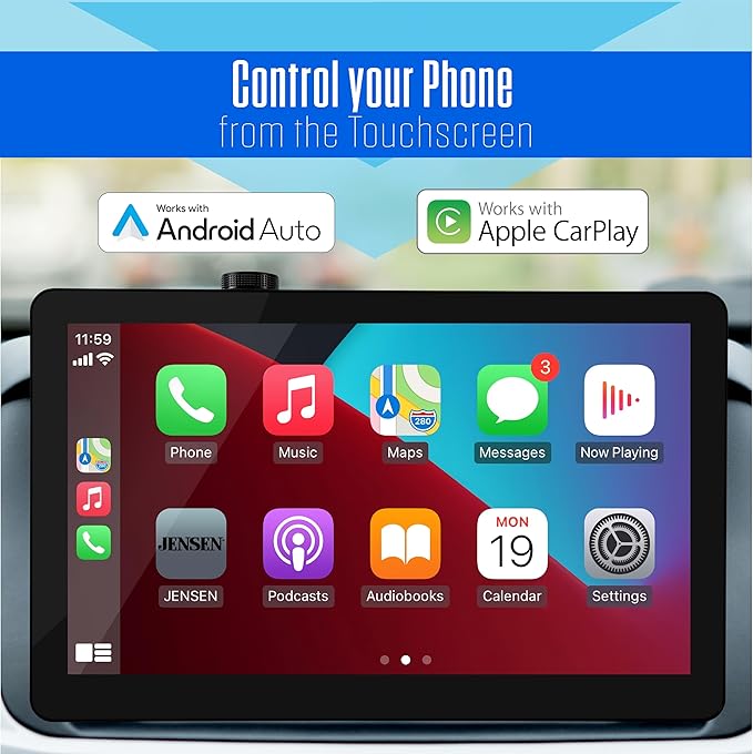 JENSEN J5UP12 11.6-inch Top Mount Control Touchscreen Receiver with Certified Wireless Apple Carplay Android Auto | Single DIN Car Stereo with Bluetooth | Backup Camera Input | USB Playback & Charge
