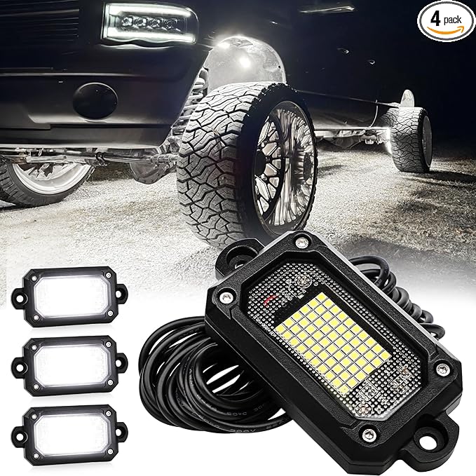 Rock Lights for Trucks 60 Chip 6500K 4pcs Pure White Underglow Lights for Jeep UTV ATV SUV Cars with 15FT Wire Harness, Aluminum Housing