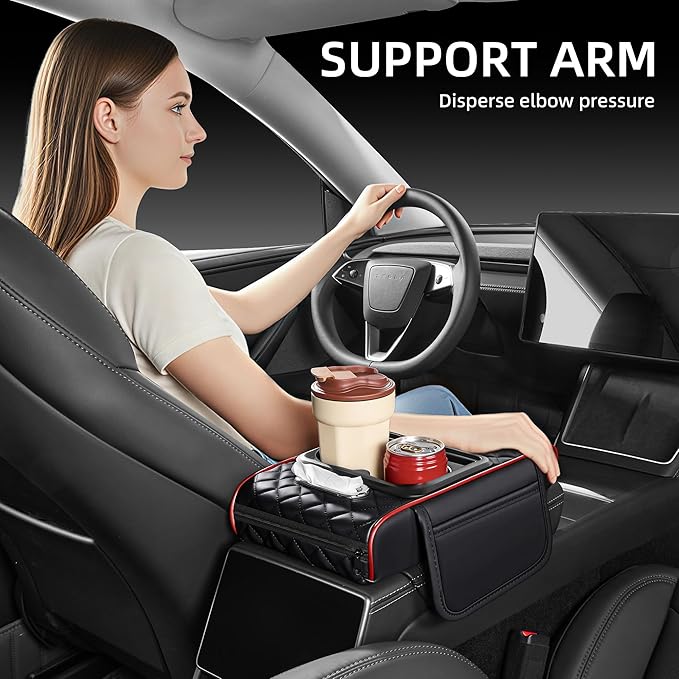 5 in 1 Car Center Console Cover, Armrest Pad with 2 Storage Pockets, Cup Holder, Tissue Box Slot, Phone Holder, Universal Car Interior Organizer (Black with Red Stitching)