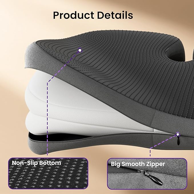 Seat Cushions for Office Chairs, Car Seat - Patented Coccyx Cushion for Tailbone Pain - Memory Foam Butt Cushion for Pressure Relief - Carry Handle & Non Slip Bottom (Grey)