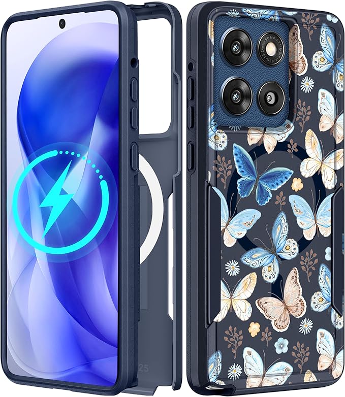 for Moto G Stylus 2025 Case - Compatible with MagSafe Women Cute Girl Magnetic Phone Cover Kawaii Girly Blue Butterfly Heavy Duty Shockproof Design for Motorola Moto G Stylus 5G 2025 Cases