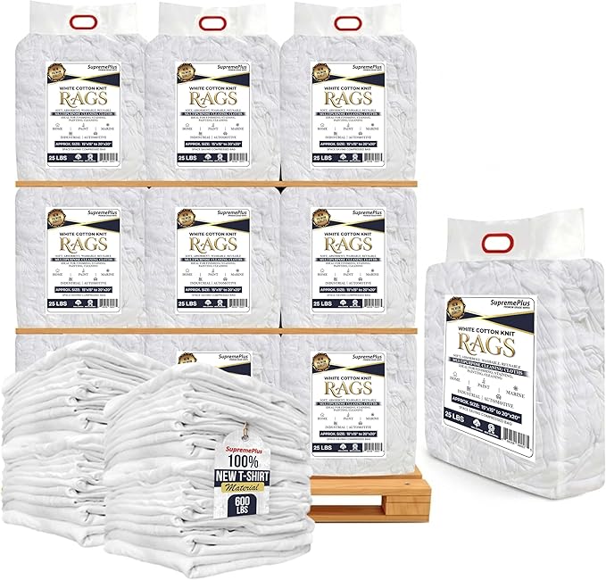 Premium New White Cotton Knit T-Shirt Rags (600 lbs. Pallet 24x25 lbs. Bag of Rags) - Lint-Free, Soft & Absorbent Bulk Cleaning Cloths for Auto, Paint, Garage, Staining & Polishing