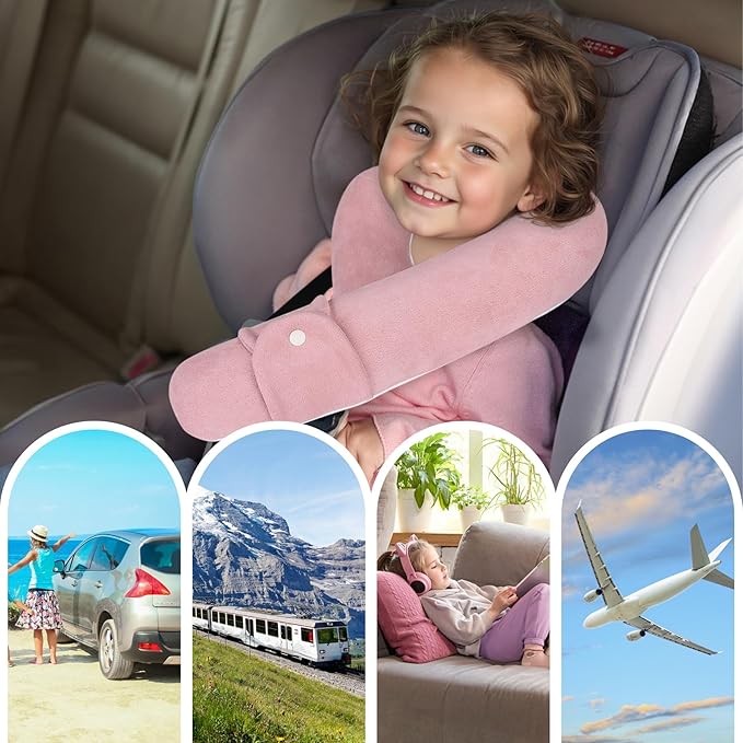 Kids Travel Neck Pillow, Toddler Travel Pillow for Car & Airplane and Head & Chin Support, Comfortably Travel Neck Pillow for Road Trip Sleeping, Gifts for Toddler/Child/Kids (Pink & Beige)