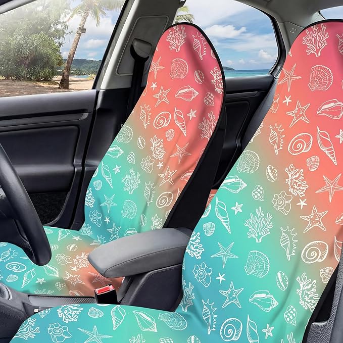 2 Pack Car Seat Towel Covers, Sweat Protector for Front Seats, Premium Thickened Microfiber with Elastic Strap, Breathable & Quick Dry, Machine Washable Cover for Gym Running Universal Fit Seashell