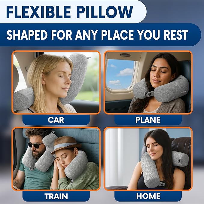 Memory Foam Neck Pillow Travel Airplane - Comfortable & Adjustable Twist Airplane Pillow for Long Flight with Soft Washable Velvet Cover, Eye Mask & Earplugs | 360° Neck Support, Chin, Lumbar
