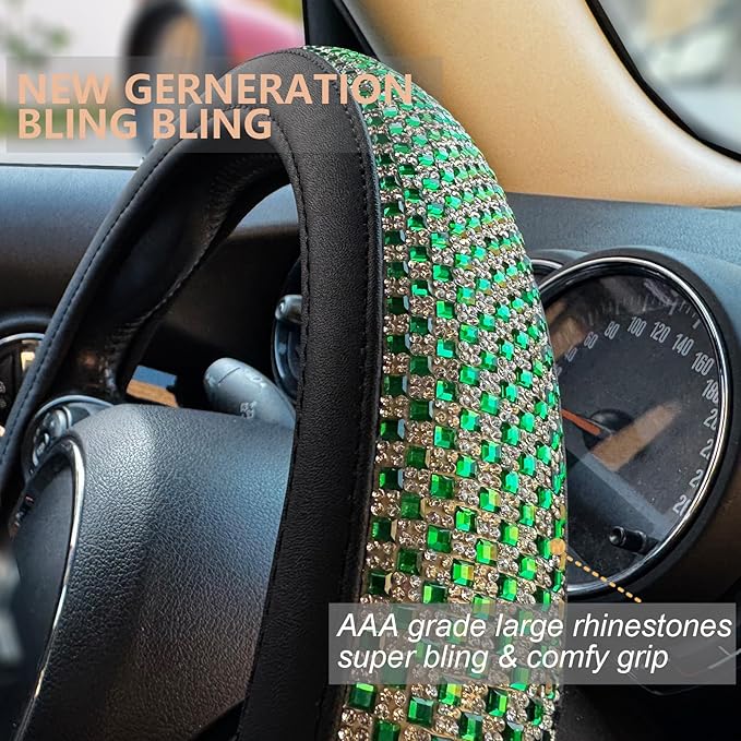 PINCTROT Bling Bling Comfy Steering Wheel Cover with Jumbo Crystal Rhinestones, Anti-Slip Diamond Leather, Universal 15 Inch (Vivid Green)