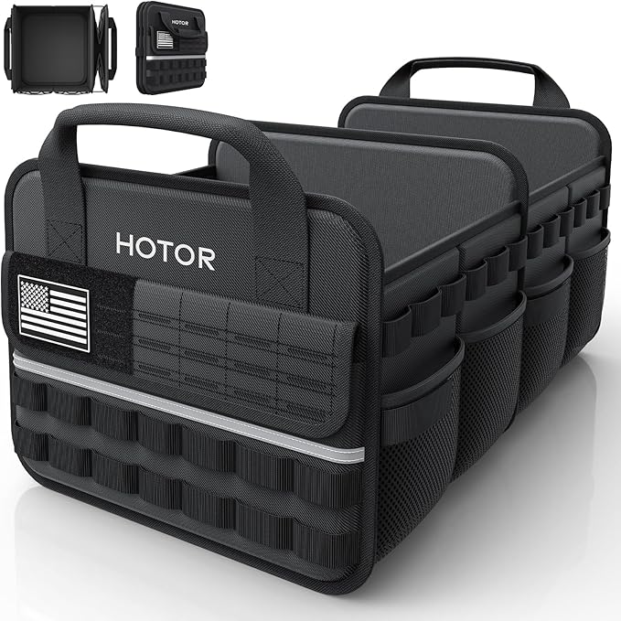 HOTOR Tactical Car Trunk Organizer - Foldable Trunk Organizer for SUV with Front MOLLE Pocket & Reflective Strips, Essential Car Accessories for Tools & Outdoor Storage, 12.8" x 21.7" x 11.0", Black