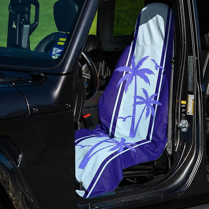 2 Pack Car Seat Towel Covers, Sweat Protector for Front Seats, Premium Thickened Microfiber with Elastic Strap, Breathable & Quick Dry, Machine Washable Cover for Gym Running Universal Fit Palm Tree